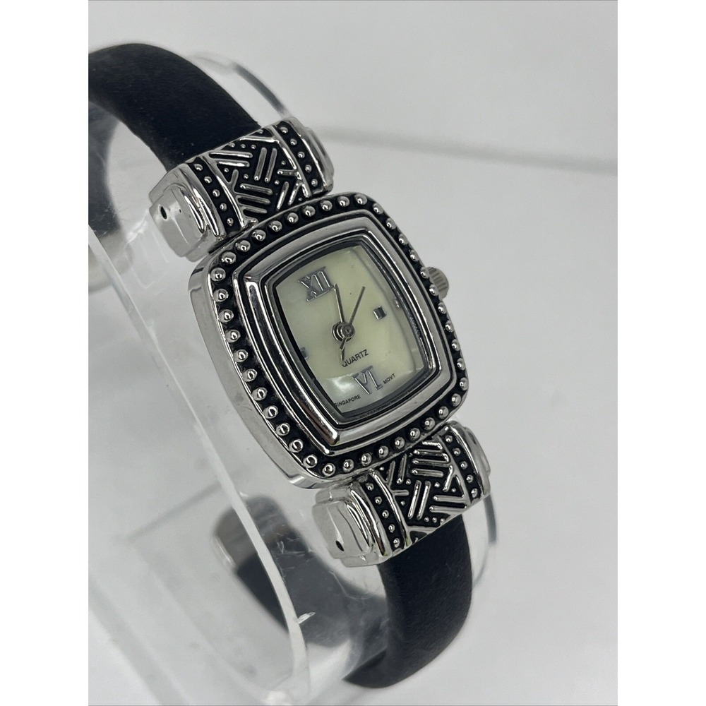 Women's Quartz Watch Silver 22mm‎ Case Black Hinge Band- New Battery - Picture 2 of 7